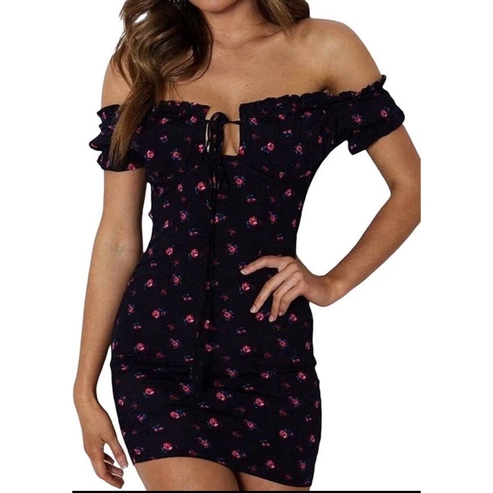 Princess Polly Black Gracie Mini Dress 10 Medium Floral Body Con Ruffle Milkmaid